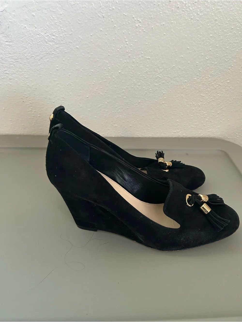 Vince Camuto Black Suede Tassel Wedge Pumps